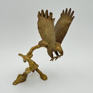 Vintage Brass Flying Eagle on Tree Log Branch Statue 8.5" Tall Sculpture